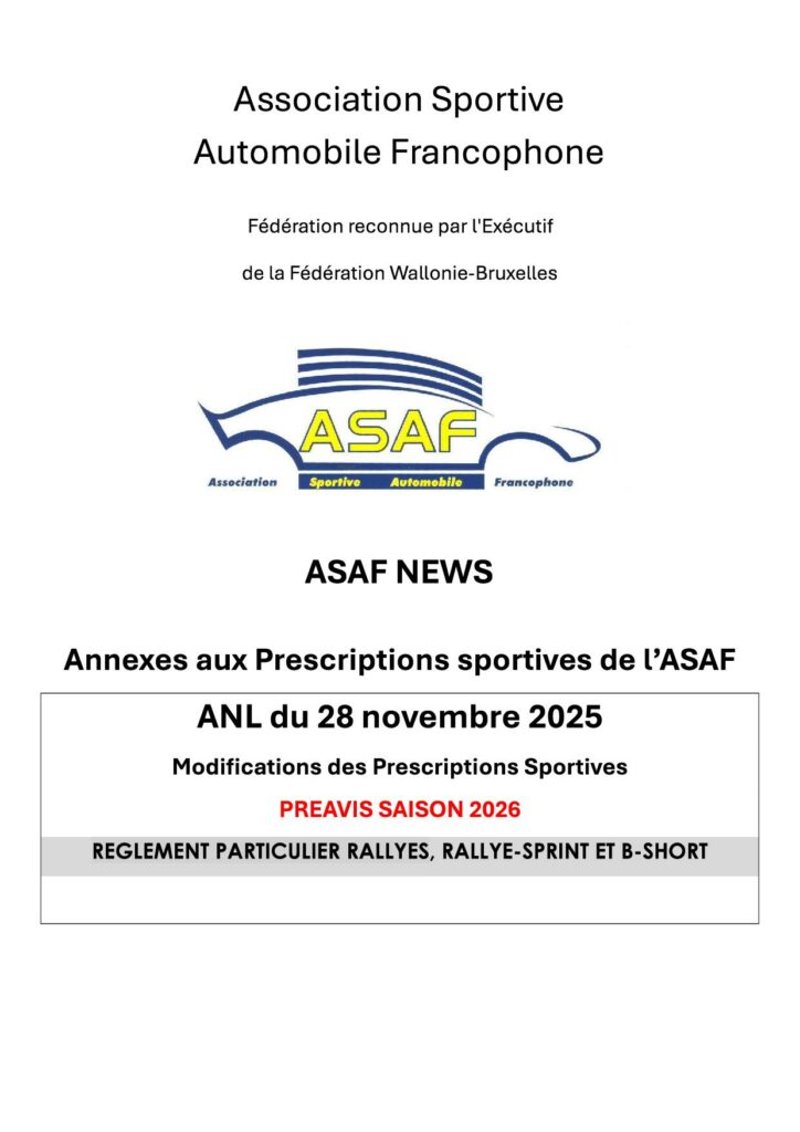 PREAVIS - Modifications des Prescriptions Sportives 2026 - Rallye / B-Short / Rallye Sprint